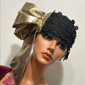 Elegant Black and Gold Lace Hat with Bow
